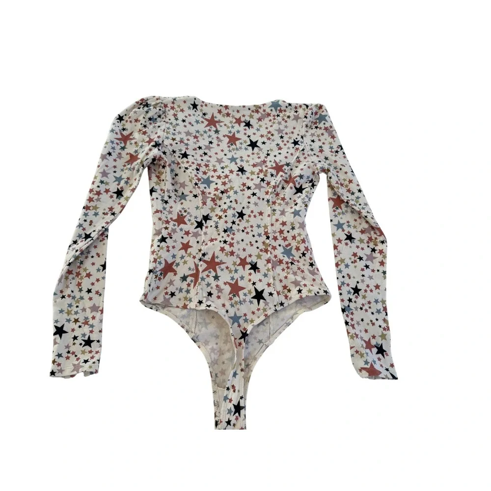 Free People Girls Like Us Bodysuit XS Ivory Star Print Y2K Celestial Festival